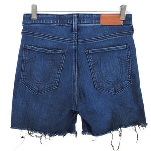 True Religion Jean Shorts Ws 28 (27) Mid Rise Dark Blue Halle Cut-Off Raw Hem 5”